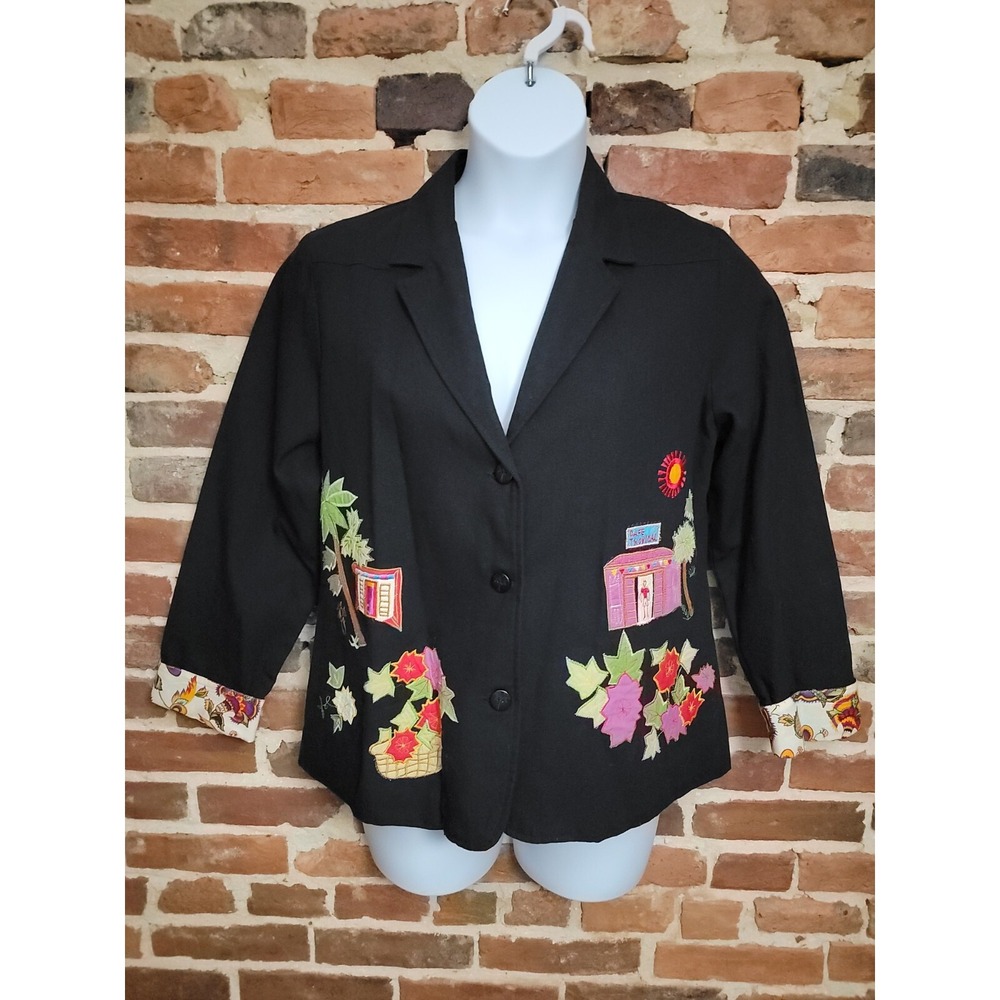 Hearts Of Palm Blazer Jacket Women 12 Black Embroidered Floral Single Breasted